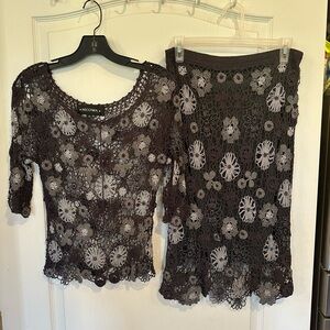 Nicowa Vintage gray Knit Blouse& Pencil Skirt With Beaded Detail Italian 38 4-6